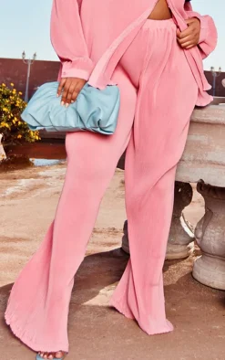 Best PrettyLittleThing Plus Plisse High Waisted Wide Leg Pants Dusty Pink