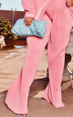 Best PrettyLittleThing Plus Plisse High Waisted Wide Leg Pants Dusty Pink
