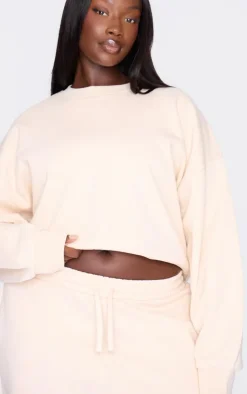 PrettyLittleThing Cream Sweatsuits*Plus Ecru Premium Basic Crew Neck Crop Sweatshirt