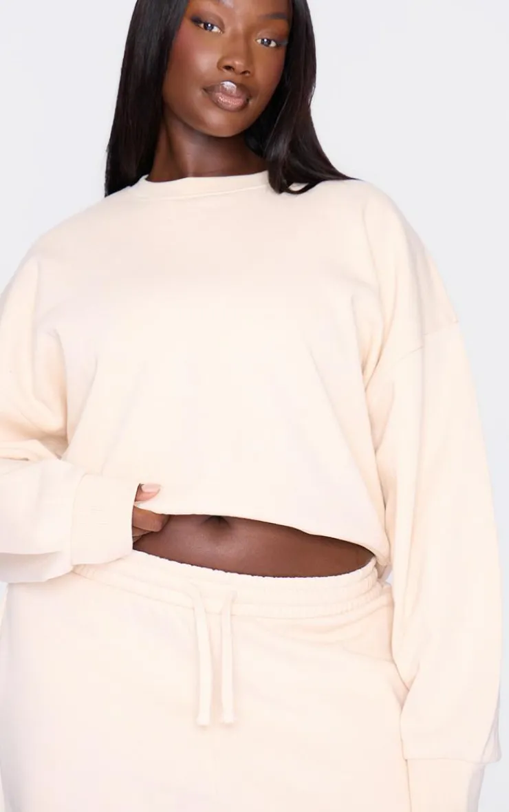 PrettyLittleThing Cream Sweatsuits*Plus Ecru Premium Basic Crew Neck Crop Sweatshirt