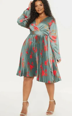 Plus Floral Print Long Sleeve Pleated Midi Dress-PrettyLittleThing Clearance