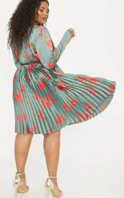 Plus Floral Print Long Sleeve Pleated Midi Dress-PrettyLittleThing Clearance