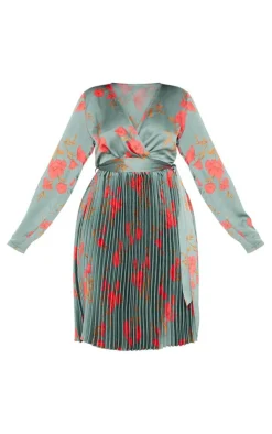 Plus Floral Print Long Sleeve Pleated Midi Dress-PrettyLittleThing Clearance