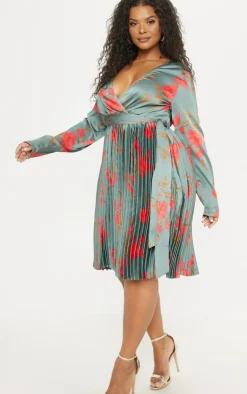 Plus Floral Print Long Sleeve Pleated Midi Dress-PrettyLittleThing Clearance
