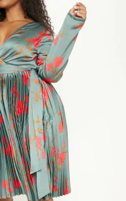 Plus Floral Print Long Sleeve Pleated Midi Dress-PrettyLittleThing Clearance