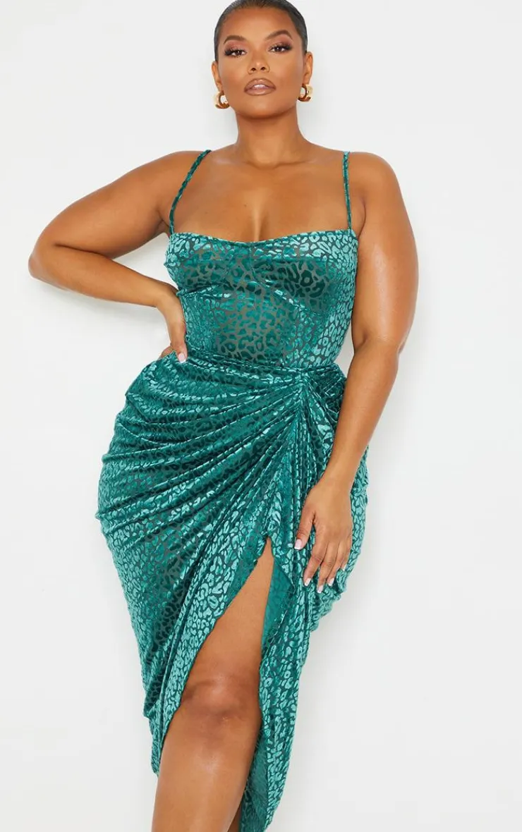 New PrettyLittleThing Plus Leopard Velvet Structured Corset Top Emerald Green