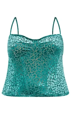 New PrettyLittleThing Plus Leopard Velvet Structured Corset Top Emerald Green