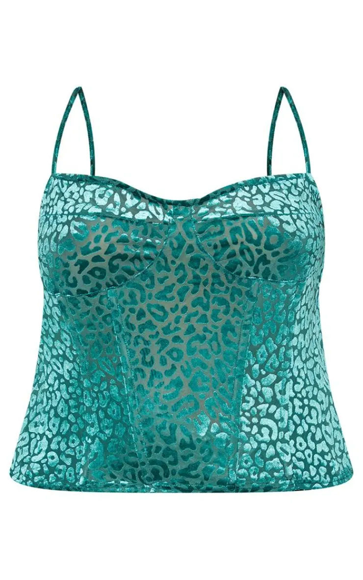 New PrettyLittleThing Plus Leopard Velvet Structured Corset Top Emerald Green