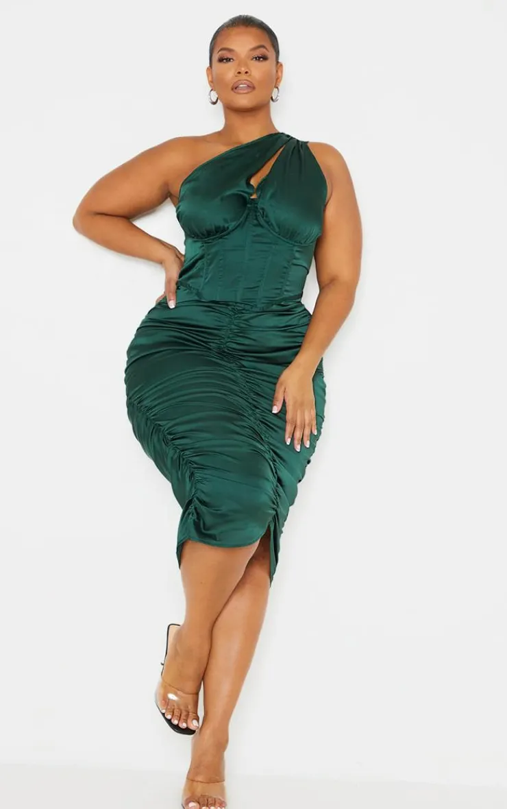 Plus One Shoulder Corset Ruched Satin Midi Dress-PrettyLittleThing Best