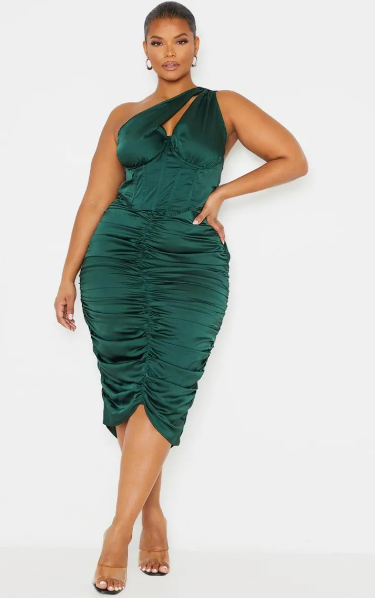 Plus One Shoulder Corset Ruched Satin Midi Dress-PrettyLittleThing Best