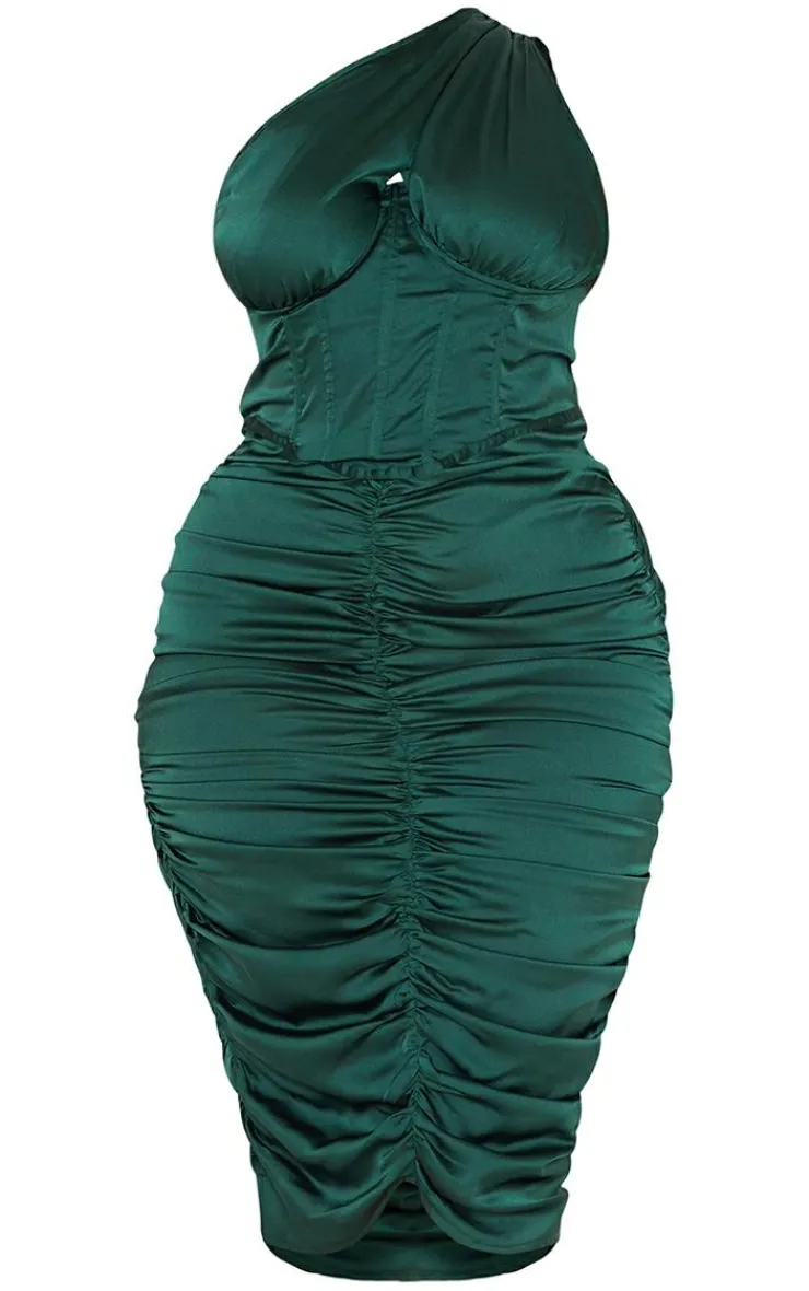 Plus One Shoulder Corset Ruched Satin Midi Dress-PrettyLittleThing Best
