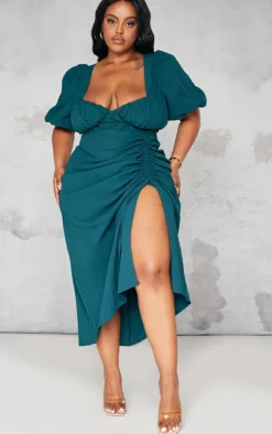 Plus Puff Sleeve Ruched Side Split Midi Dress-PrettyLittleThing Clearance