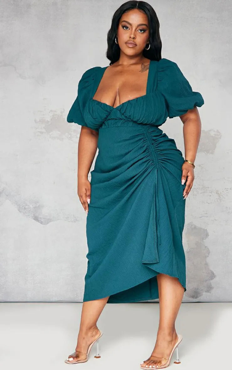 Plus Puff Sleeve Ruched Side Split Midi Dress-PrettyLittleThing Clearance