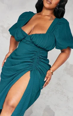 Plus Puff Sleeve Ruched Side Split Midi Dress-PrettyLittleThing Clearance