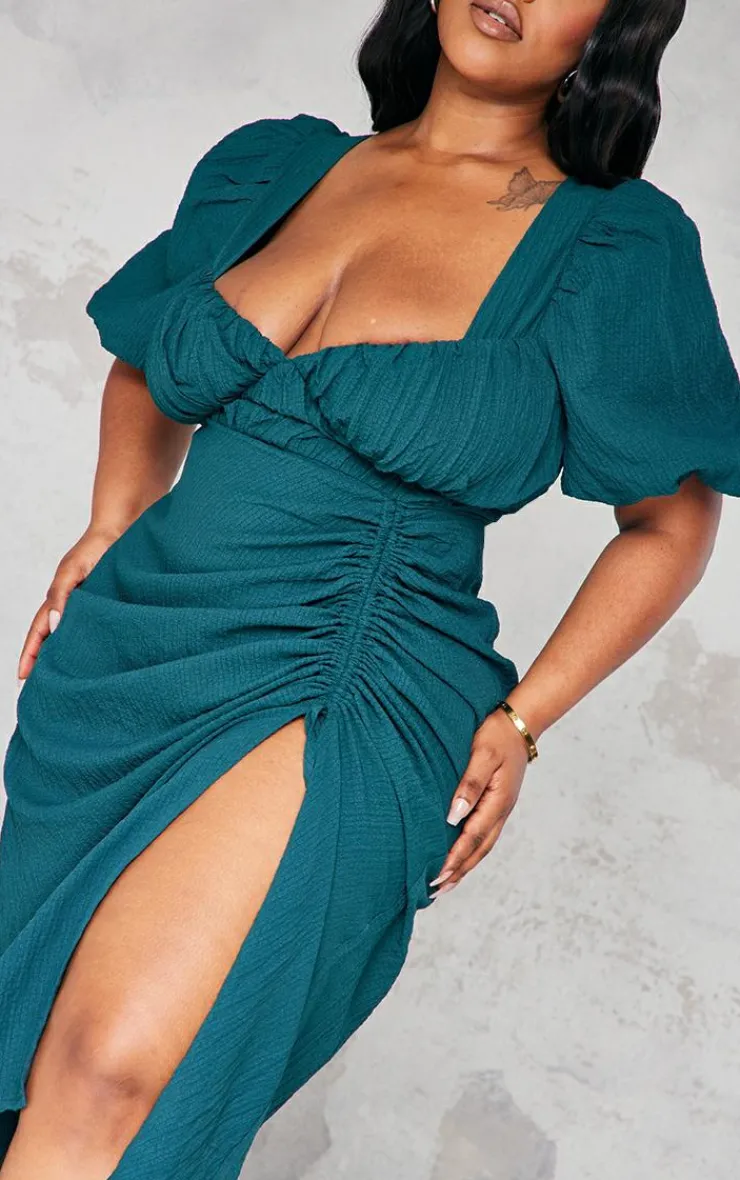 Plus Puff Sleeve Ruched Side Split Midi Dress-PrettyLittleThing Clearance