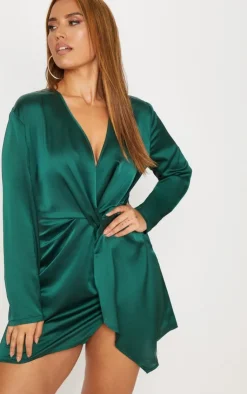 Plus Satin Long Sleeve Wrap Dress-PrettyLittleThing Sale