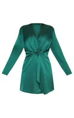 Plus Satin Long Sleeve Wrap Dress-PrettyLittleThing Sale