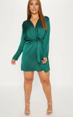 Plus Satin Long Sleeve Wrap Dress-PrettyLittleThing Sale