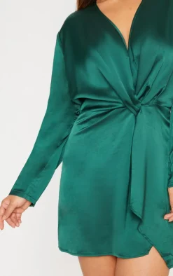 Plus Satin Long Sleeve Wrap Dress-PrettyLittleThing Sale