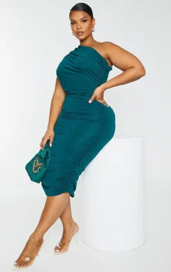 Plus Slinky Ruched One Shoulder Longline Midi Dress-PrettyLittleThing Outlet