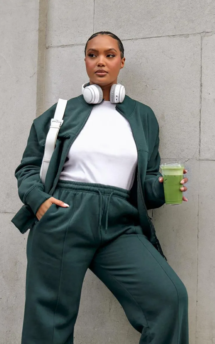 Best PrettyLittleThing Plus Seam Detail Zip Through Oversized Track Top Forest Green