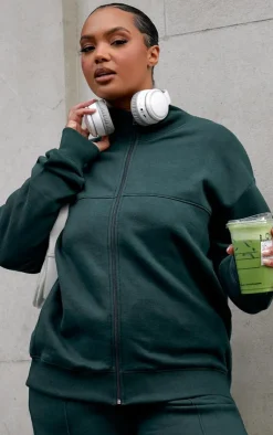 Best PrettyLittleThing Plus Seam Detail Zip Through Oversized Track Top Forest Green