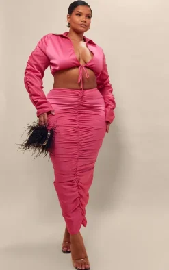 PrettyLittleThing Shirts*Plus Ruched Satin Sleeve Cropped Shirt