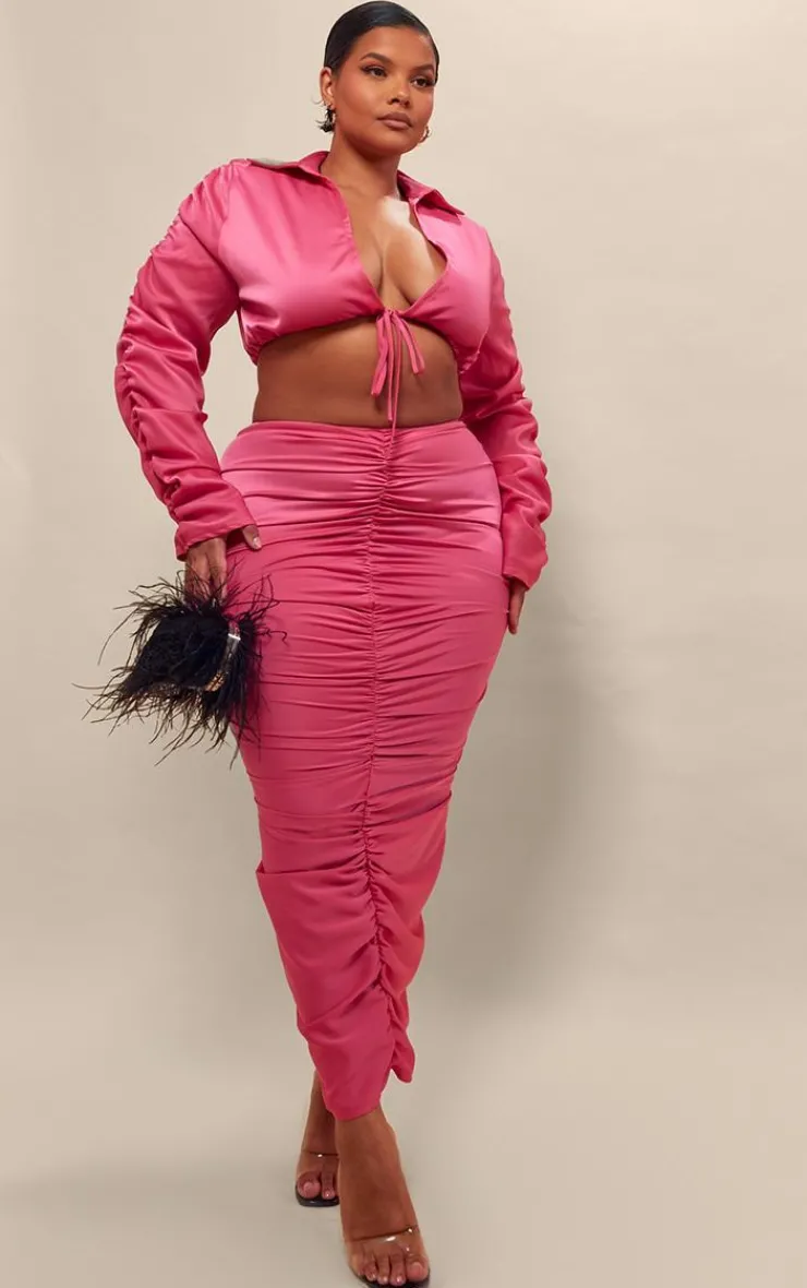 PrettyLittleThing Shirts*Plus Ruched Satin Sleeve Cropped Shirt