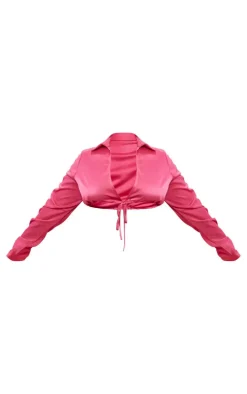 PrettyLittleThing Shirts*Plus Ruched Satin Sleeve Cropped Shirt