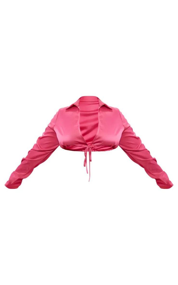 PrettyLittleThing Shirts*Plus Ruched Satin Sleeve Cropped Shirt