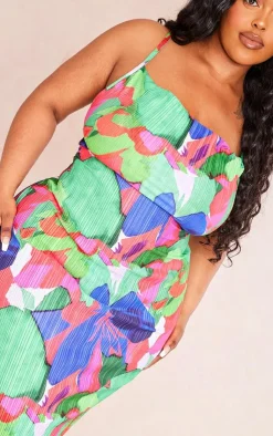 Plus Abstract Floral Plisse Strappy Midi Dress-PrettyLittleThing New