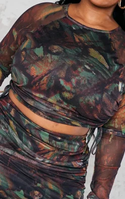 Sale PrettyLittleThing Plus Abstract Printed Ruched Mesh Crop Top Green