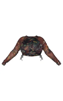 Sale PrettyLittleThing Plus Abstract Printed Ruched Mesh Crop Top Green