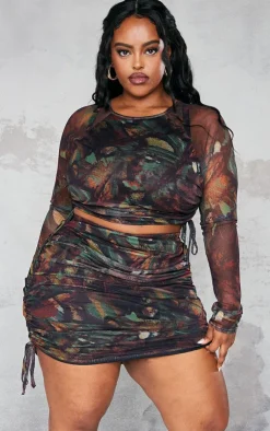 Clearance PrettyLittleThing Plus Abstract Printed Ruched Mesh Mini Skirt Green
