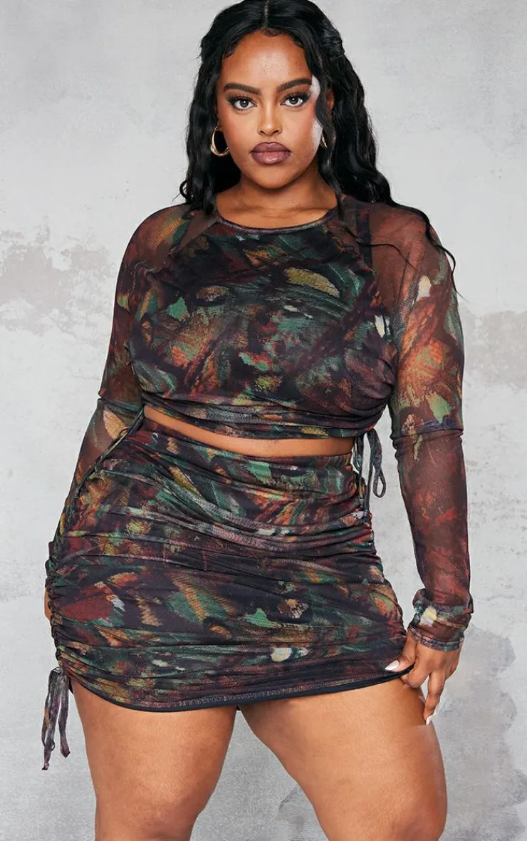 Clearance PrettyLittleThing Plus Abstract Printed Ruched Mesh Mini Skirt Green