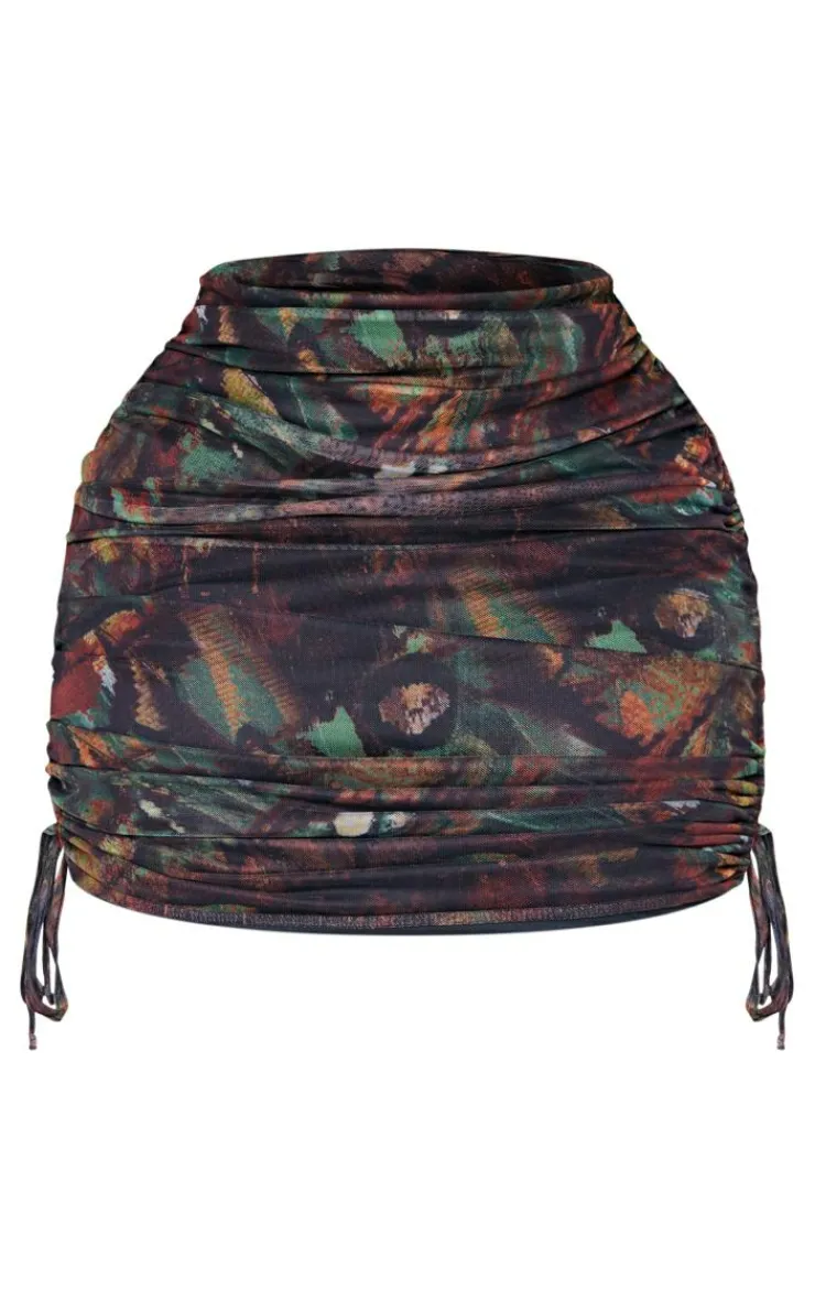 Clearance PrettyLittleThing Plus Abstract Printed Ruched Mesh Mini Skirt Green