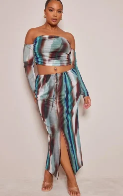 Outlet PrettyLittleThing Plus Abstract Printed Ruched Maxi Skirt Green