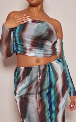 Outlet PrettyLittleThing Plus Abstract Printed Ruched Maxi Skirt Green