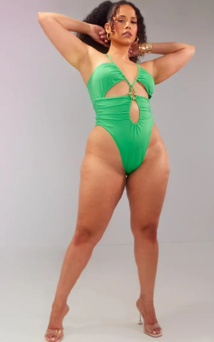 Plus Green Bead Detail Ruched Cut Out Swimsuit