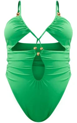 Plus Green Bead Detail Ruched Cut Out Swimsuit