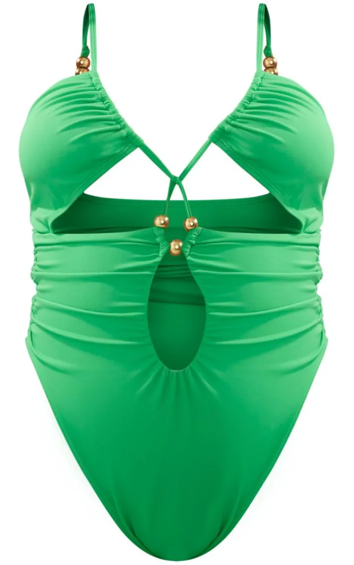 Plus Green Bead Detail Ruched Cut Out Swimsuit