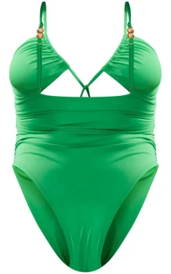 Plus Green Bead Detail Ruched Cut Out Swimsuit