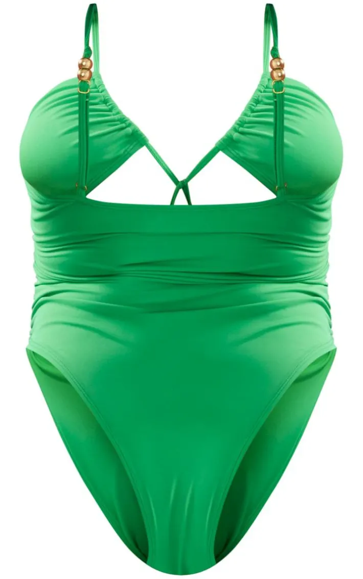 Plus Green Bead Detail Ruched Cut Out Swimsuit
