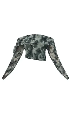 New PrettyLittleThing Plus Devore Mesh Foldover Long Sleeve Top Green