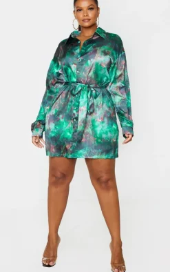 Plus Flame Tie Dye Printed Tie Waist Shirt Dress-PrettyLittleThing New