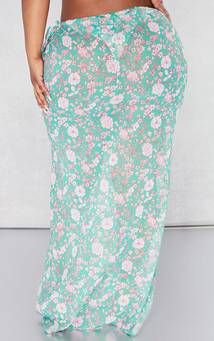 Plus Green Floral Chiffon Maxi Beach Skirt