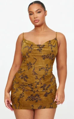 Plus Floral Printed Devore Cowl Neck Shift Dress-PrettyLittleThing Outlet