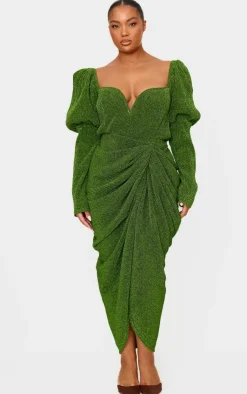 Plus Glitter Plisse Puff Sleeve V Bar Draped Midi Dress-PrettyLittleThing