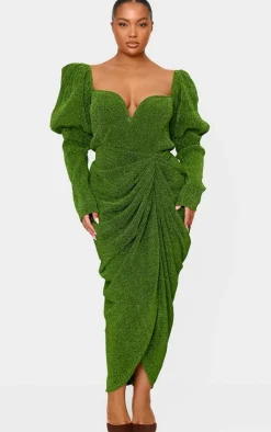 Plus Glitter Plisse Puff Sleeve V Bar Draped Midi Dress-PrettyLittleThing