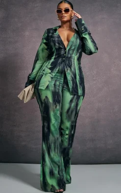 New PrettyLittleThing Plus Grunge Print Chiffon Flare Pants Green